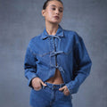 Damen modische Denimjacke mit dekorativen Kordelzügen R&B