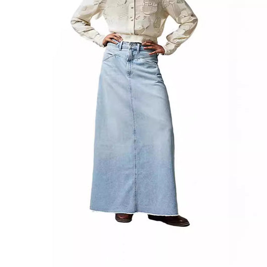 Damen Maxirock aus schwarzem Denim mit seitlichen Taschen und lässigem Schnitt R&B