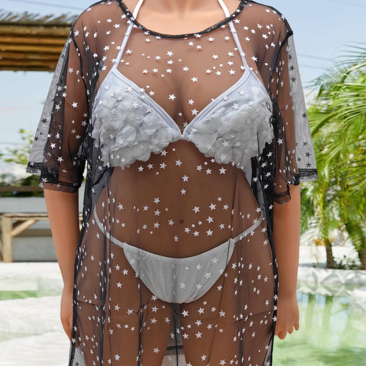 Damen transparenter Strandüberwurf mit funkelnden Sternen R&B