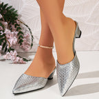Damen elegante Mules mit gewobener Oberfläche und geschmeidigem Blockabsatz R&B