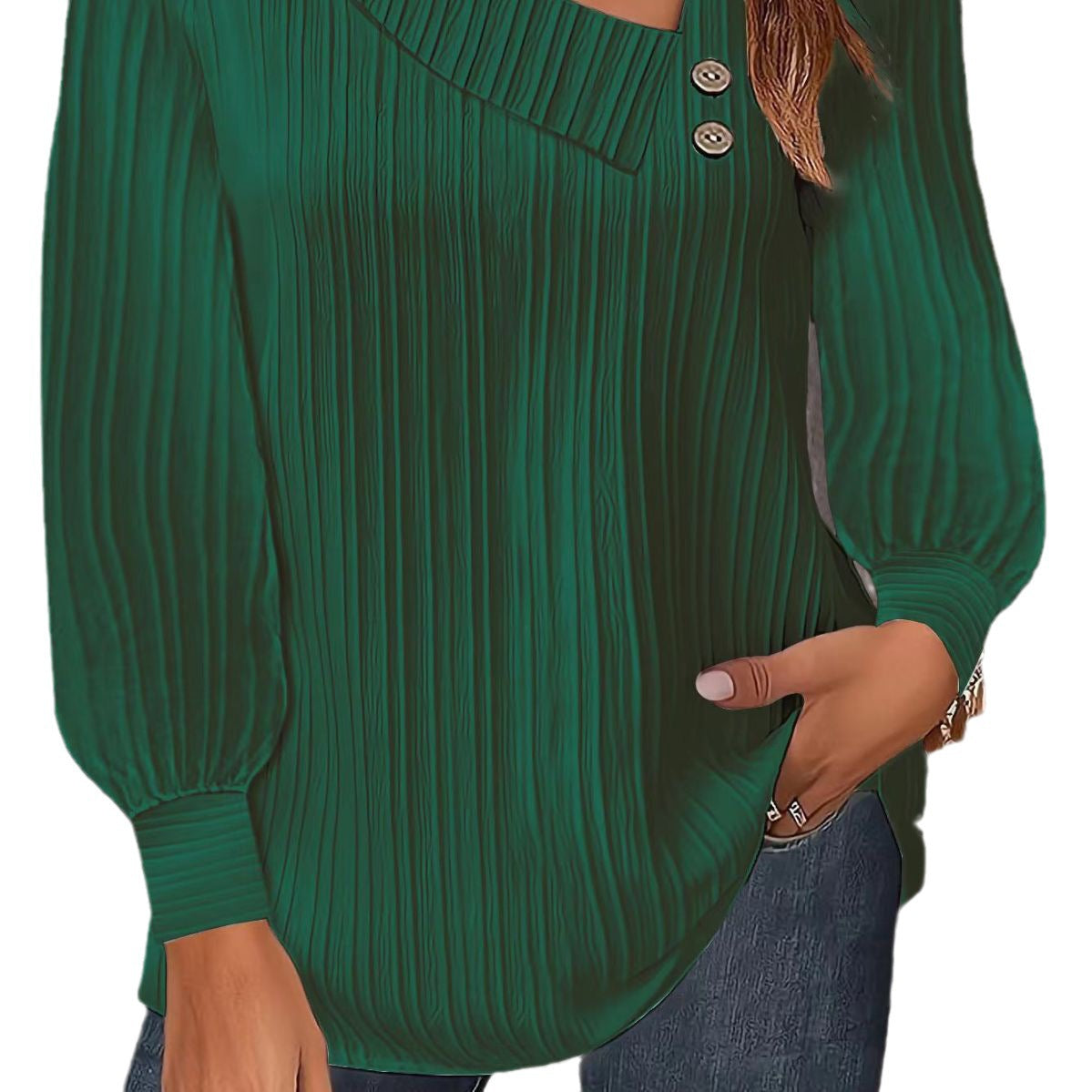 Damen Modisches Langarmshirt mit plissierter Textur und dekorativen Knöpfen R&B