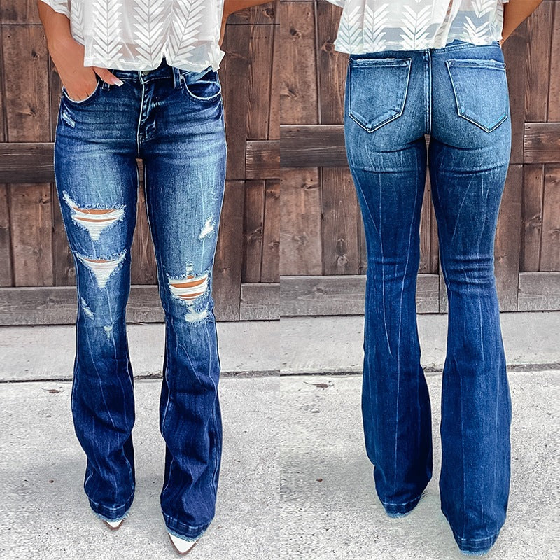 Damen Flared Jeans mit modischen Destroyed-Effekten und hohem Bund R&B