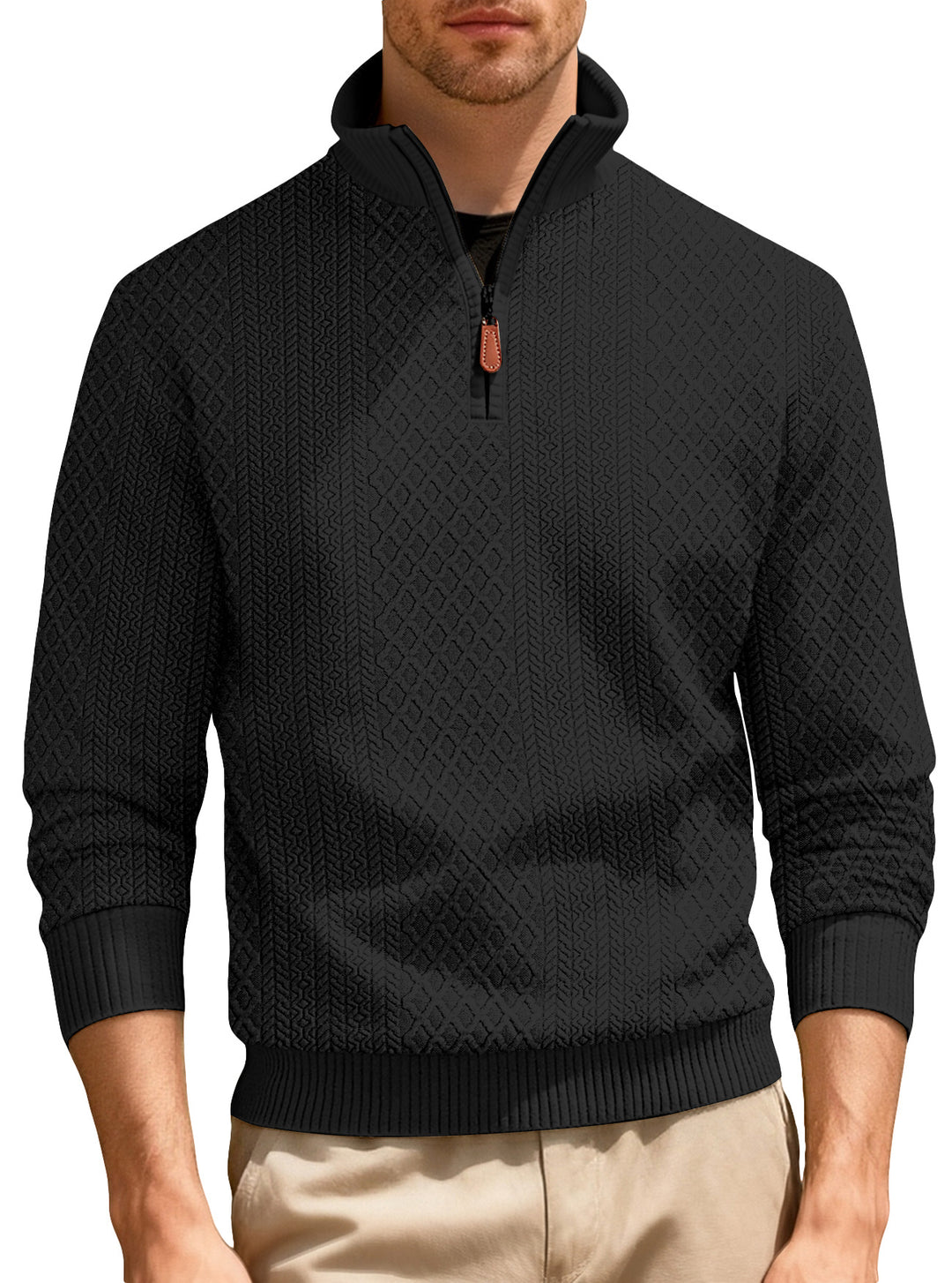 Herren nan feinstrukturierter Halbzip-Pullover im Jacquard-Relief mit hohem Stehkragen und Leder-Zipper R&B