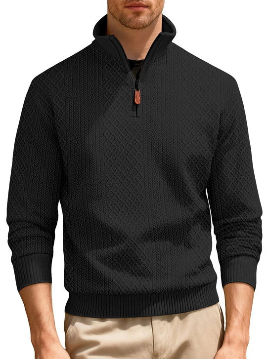 Herren nan feinstrukturierter Halbzip-Pullover im Jacquard-Relief mit hohem Stehkragen und Leder-Zipper R&B