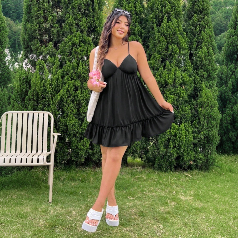 Damen luftiges Strandkleid mit Rüschenabschluss und verstellbaren Trägern R&B