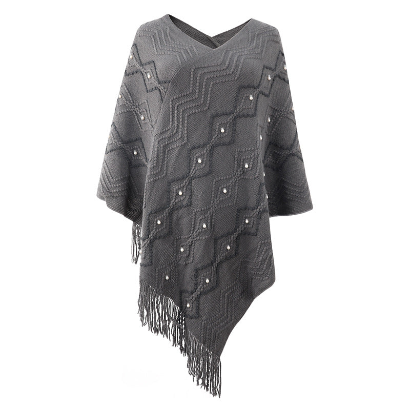 Damen eleganter Poncho mit auffälligem Strukturmuster und dekorativen Fransen R&B