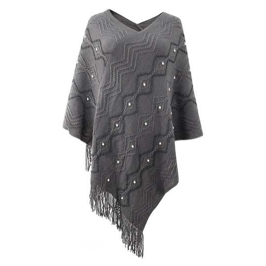 Damen eleganter Poncho mit auffälligem Strukturmuster und dekorativen Fransen R&B
