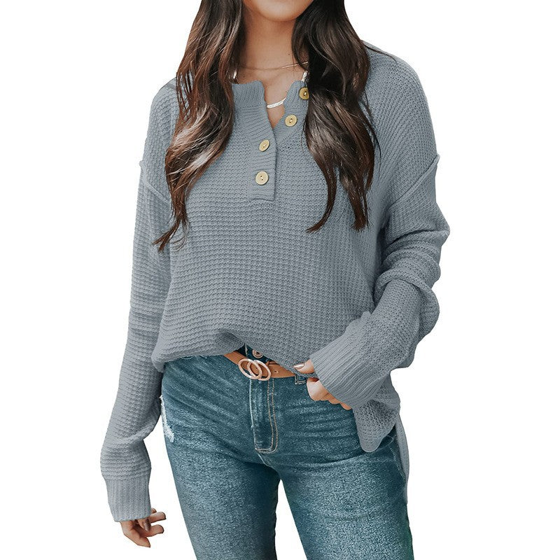 Damen lässiger Oversized Pullover mit Knopfleiste und strukturiertem Material R&B