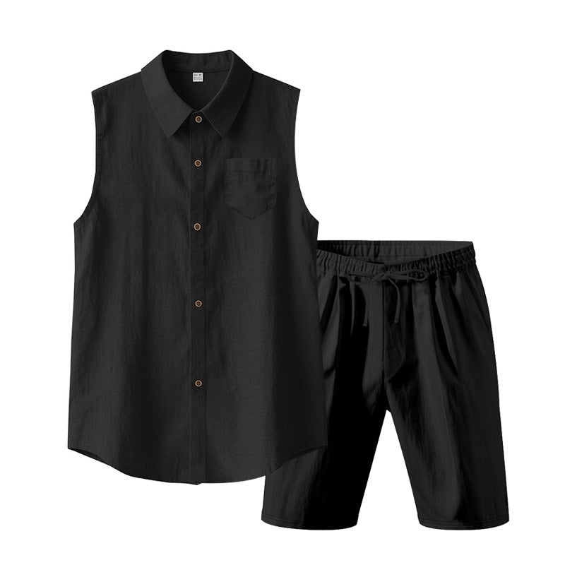 Herren nan ärmelloses Hemd- und Shorts-Set aus Baumwoll-Leinen mit Kentkragen und elastischem Tunnelzugbund R&B