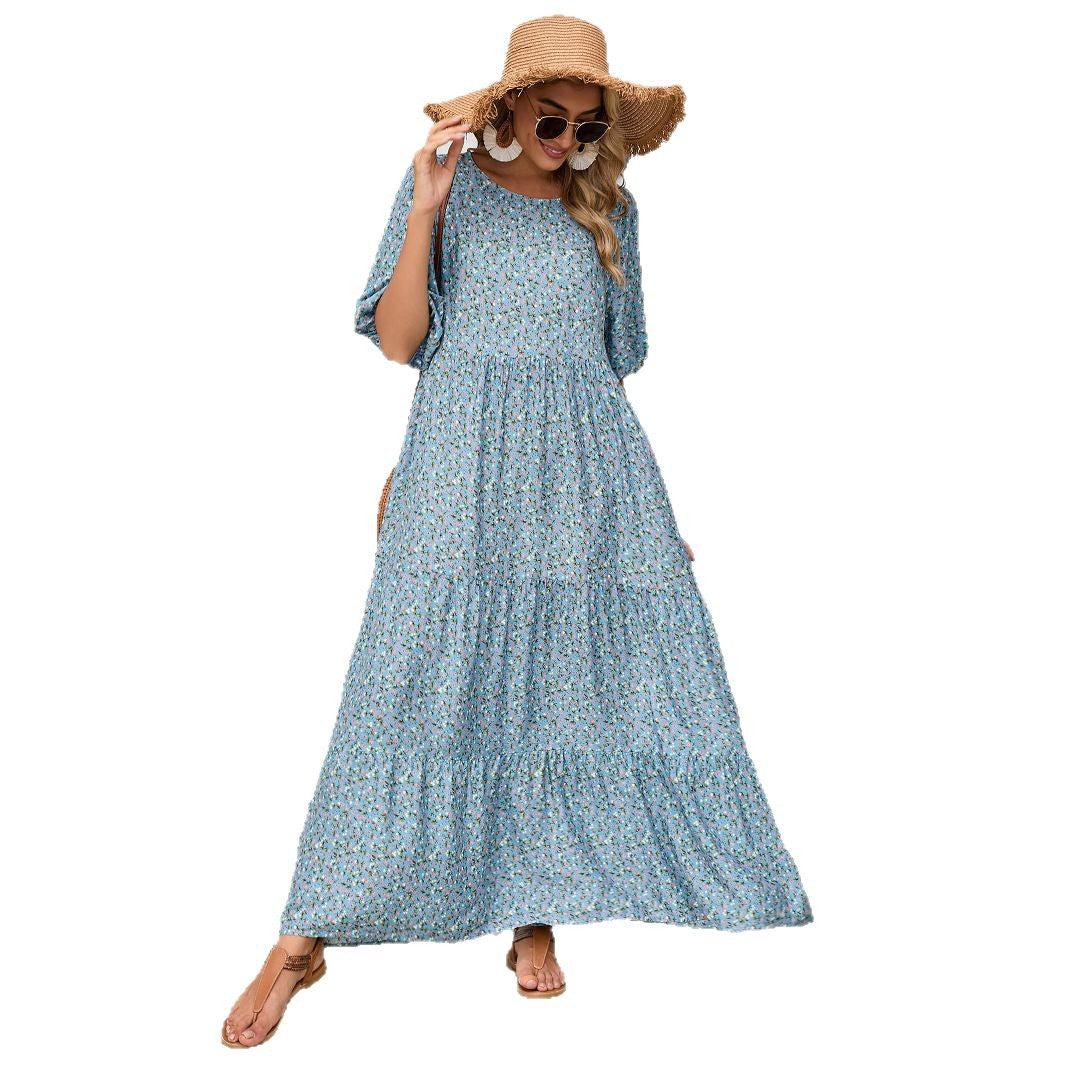 Damen Maxikleid mit Puffärmeln und voluminösem Saum R&B