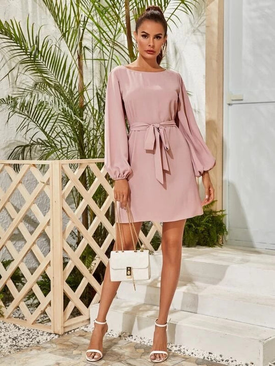 Damen Elegantes Kleid mit Ballonärmeln und Taillengürtel R&B