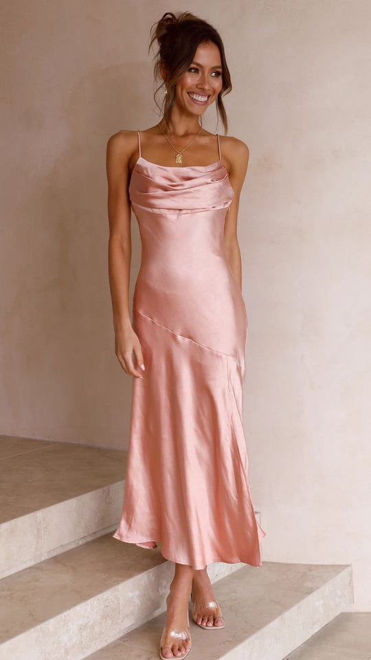 Damen Satin Maxikleid mit elegantem Schlitz und verstellbaren Trägern R&B