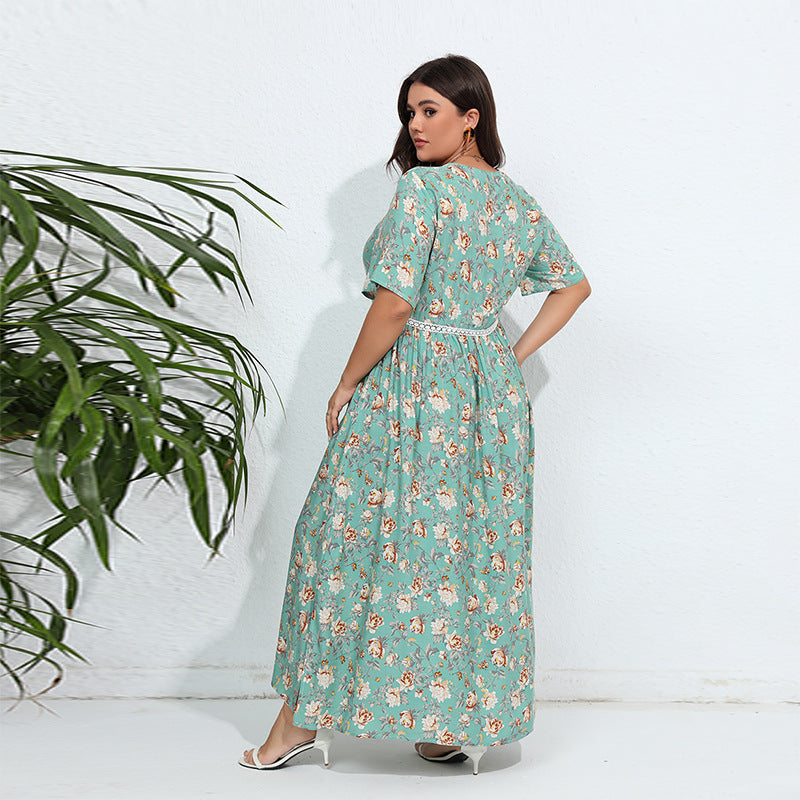 Damen Maxikleid mit floralem Design und V-Ausschnitt R&B