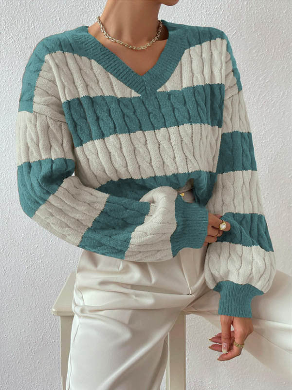 Damen V-Ausschnitt Strickpullover mit Rippstruktur und langen Ärmeln R&B