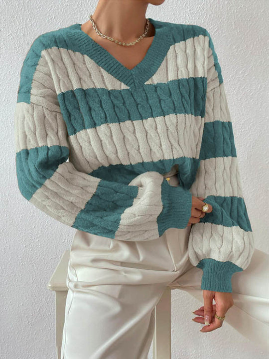 Damen V-Ausschnitt Strickpullover mit Rippstruktur und langen Ärmeln R&B