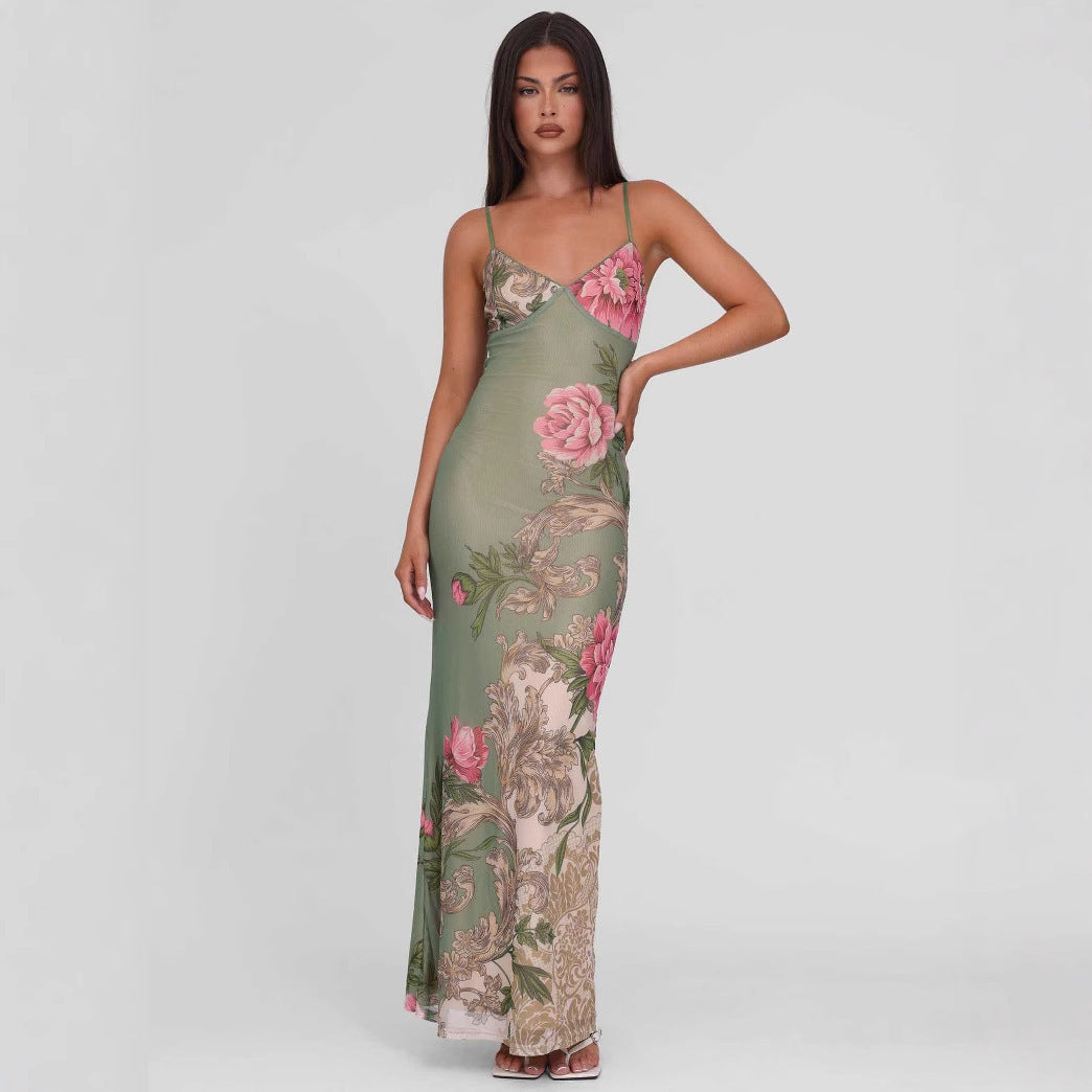 Damen nan figurbetontes Slip-Maxikleid mit Spaghettiträgern, Miedernaht und floral-barockem Digitaldruck R&B