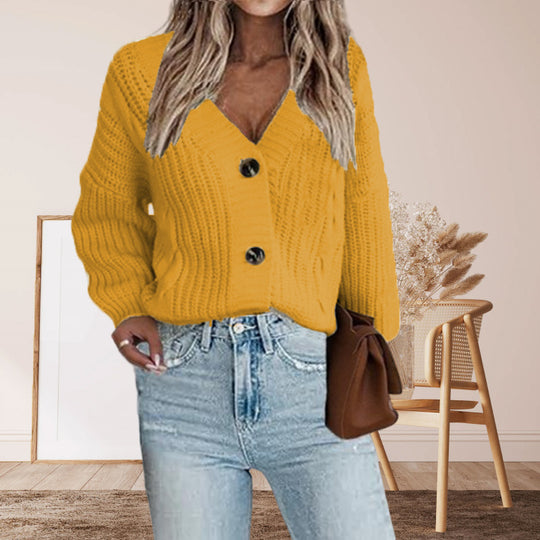 Damen Strickjacke mit dekorativen Knöpfen und tiefem V-Ausschnitt R&B