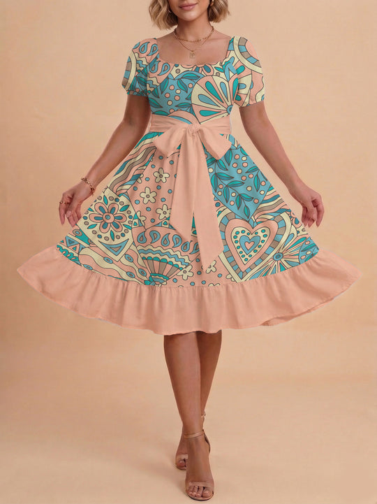Damen elegantes Maxikleid mit floralem Design und Taillengürtel R&B