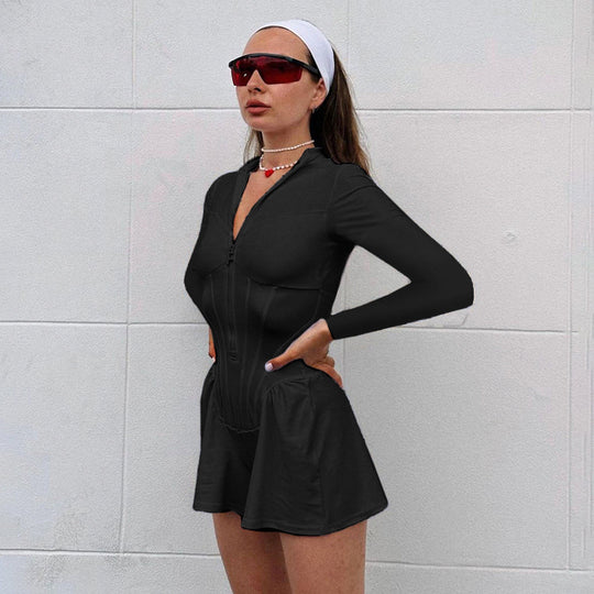 Damen Sportlicher Jumpsuit mit tiefem V-Ausschnitt und dekorativem Reißverschluss R&B