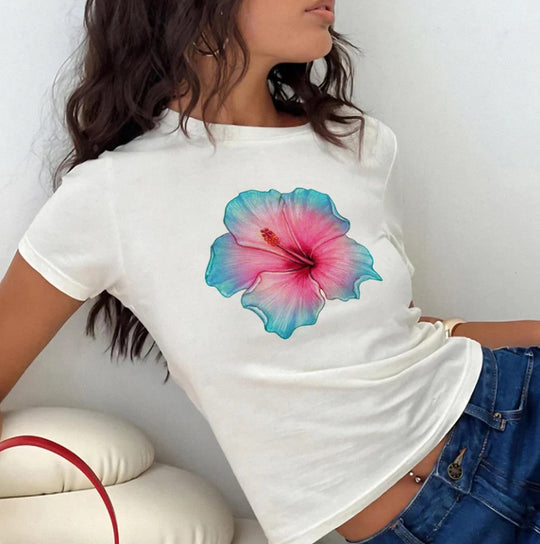 Damen Crop-T-Shirt mit kreativem Lippenmotiv und figurbetontem Schnitt R&B