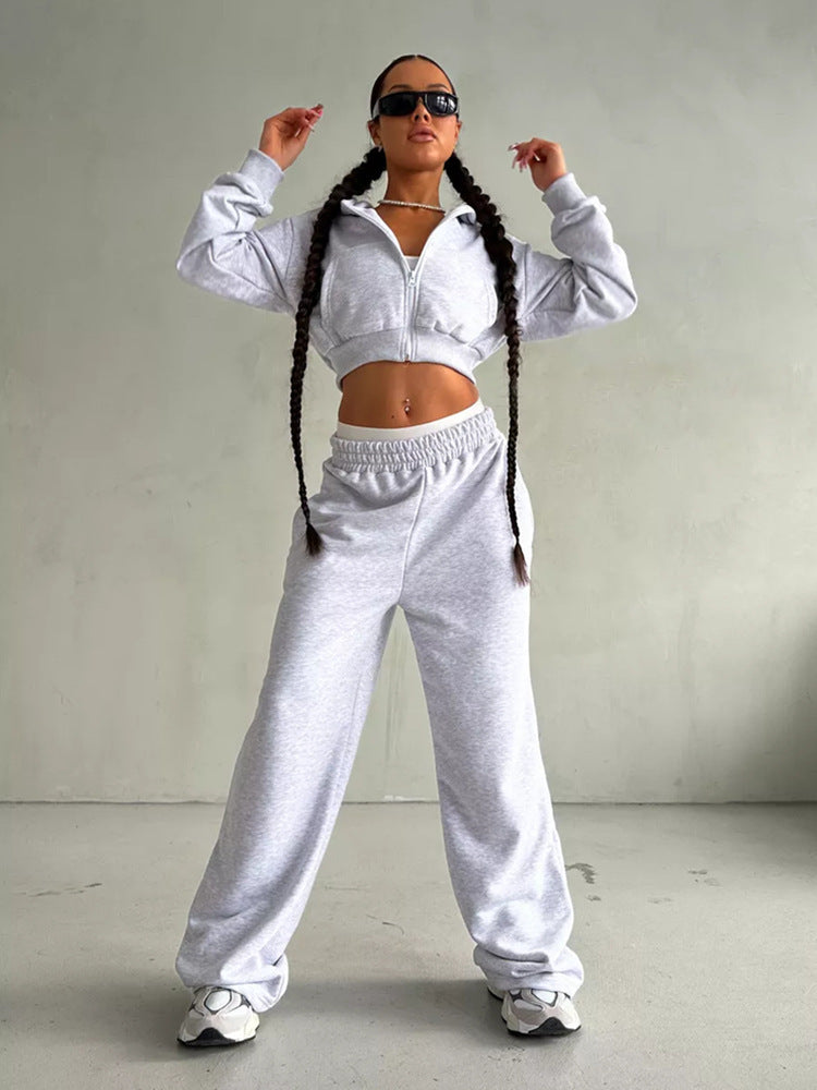 Damen Sportliches Zipper Hoodie und weite Jogginghose Set R&B