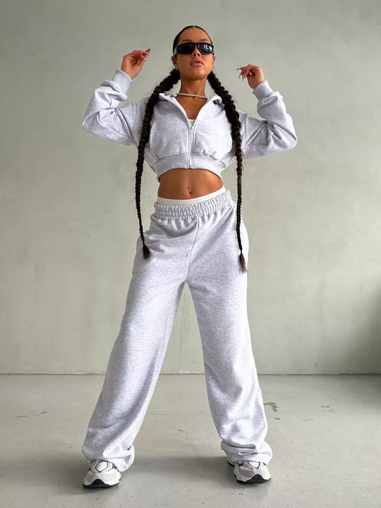 Damen Sportliches Zipper Hoodie und weite Jogginghose Set R&B
