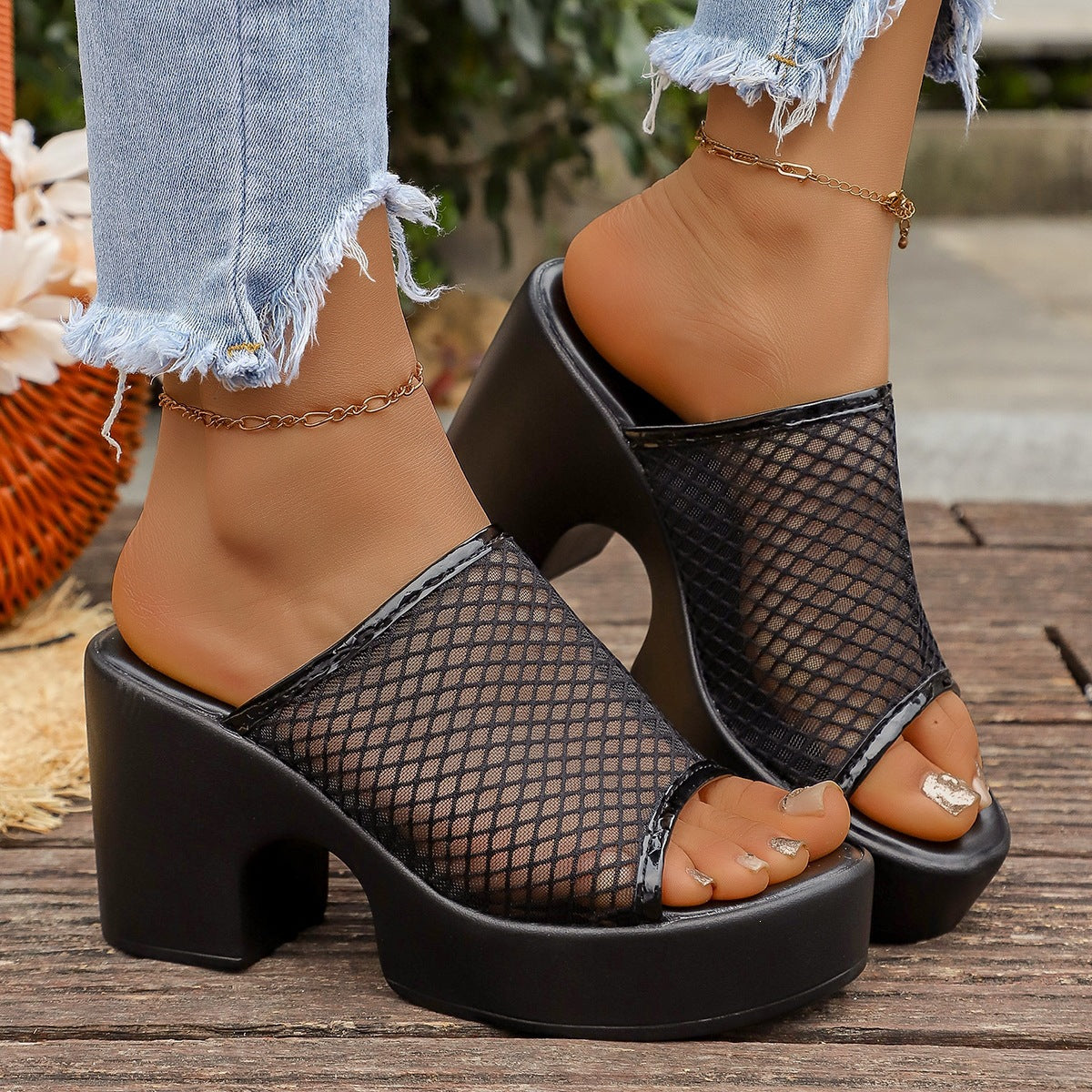 Damen Plateausandalen mit Netz-Obermaterial und robustem Blockabsatz