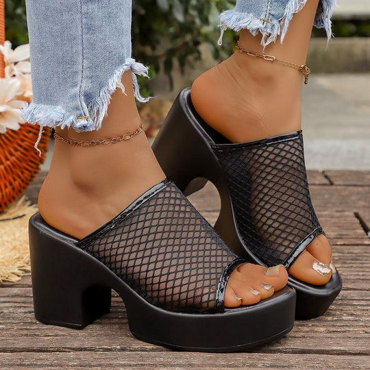 Damen Plateausandalen mit Netz-Obermaterial und robustem Blockabsatz R&B