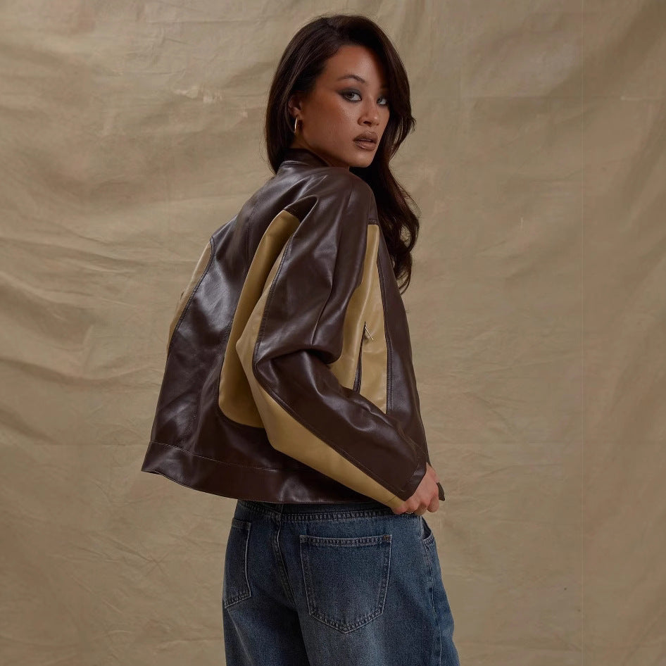 Damen modische Kunstlederjacke mit kontrastierenden Ärmeln R&B
