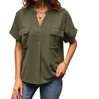 Damen lässige Bluse mit praktischen Taschen und modernem V-Ausschnitt R&B