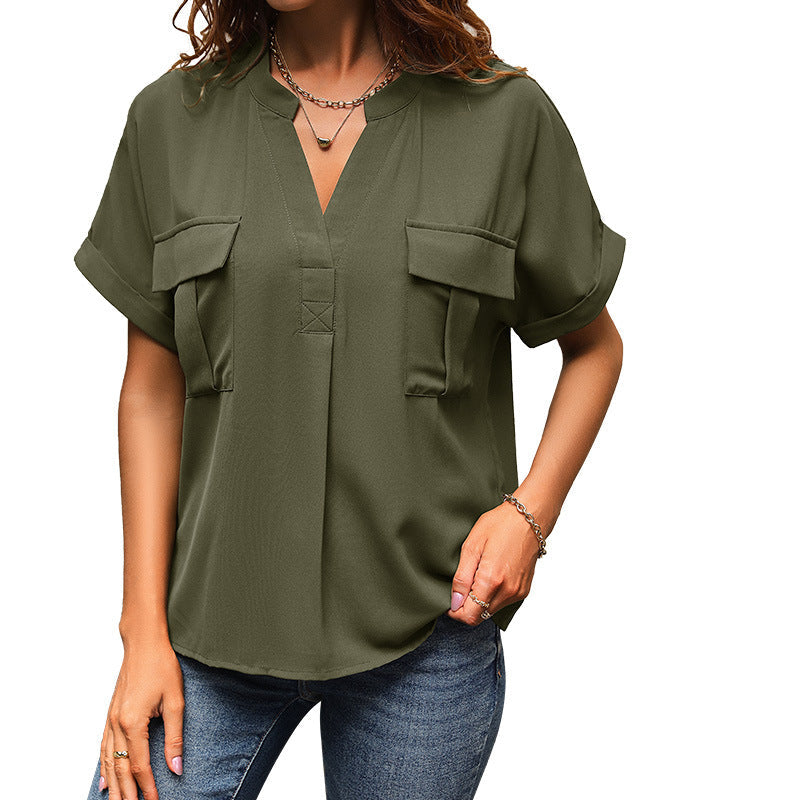 Damen lässige Bluse mit praktischen Taschen und modernem V-Ausschnitt R&B