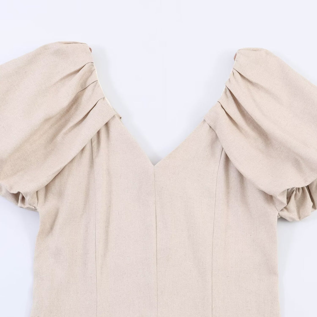 Damen V-Ausschnitt Kleid mit voluminösen Puffärmeln und schwingendem Rock R&B