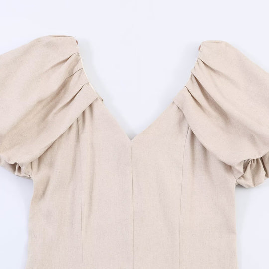 Damen V-Ausschnitt Kleid mit voluminösen Puffärmeln und schwingendem Rock R&B