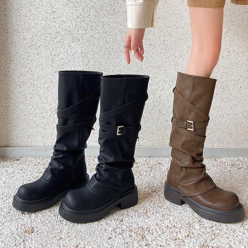 Damen modische Overknee-Stiefel mit stylischem Riemen-Design R&B
