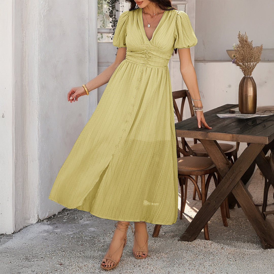 Damen Maxikleid mit V-Ausschnitt und luftigen Puffärmeln R&B