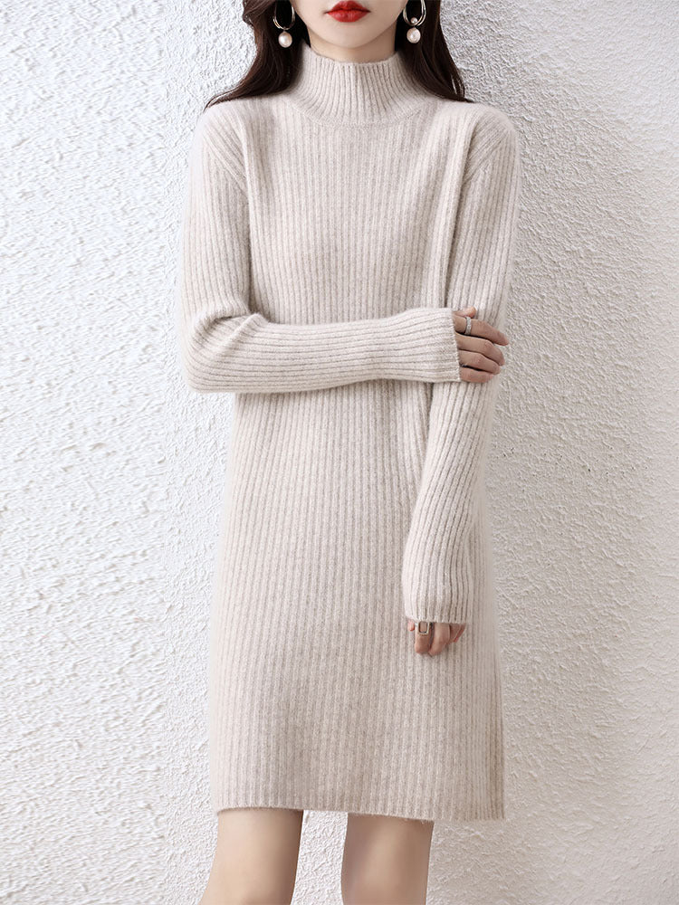 Damen Strickkleid im eleganten Rippdesign mit hohem Kragen R&B