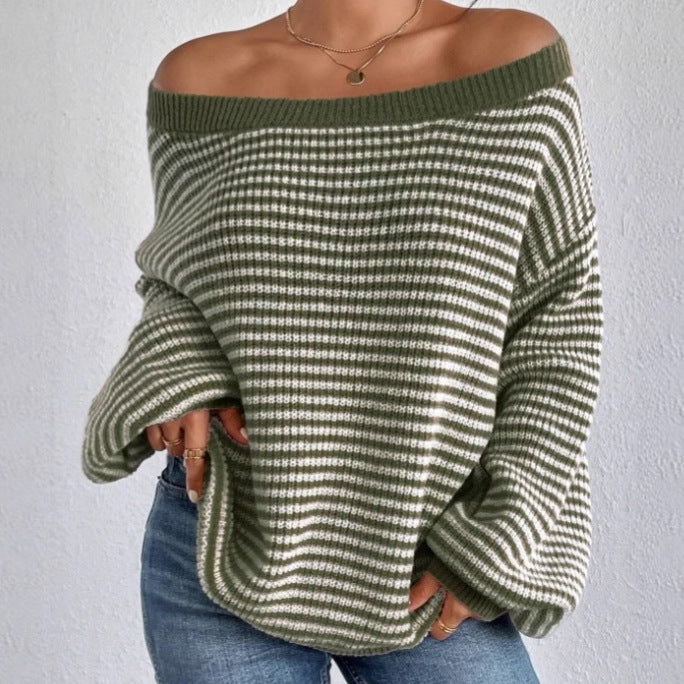 Damen Oversized Strickpullover mit Off-Shoulder Design und gestreiftem Muster R&B