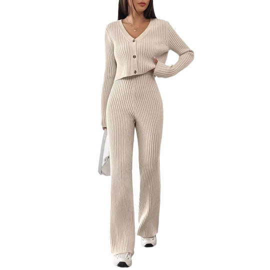 Damen elegantes Rippstrick-Set mit V-Ausschnitt und Knopfdetails R&B