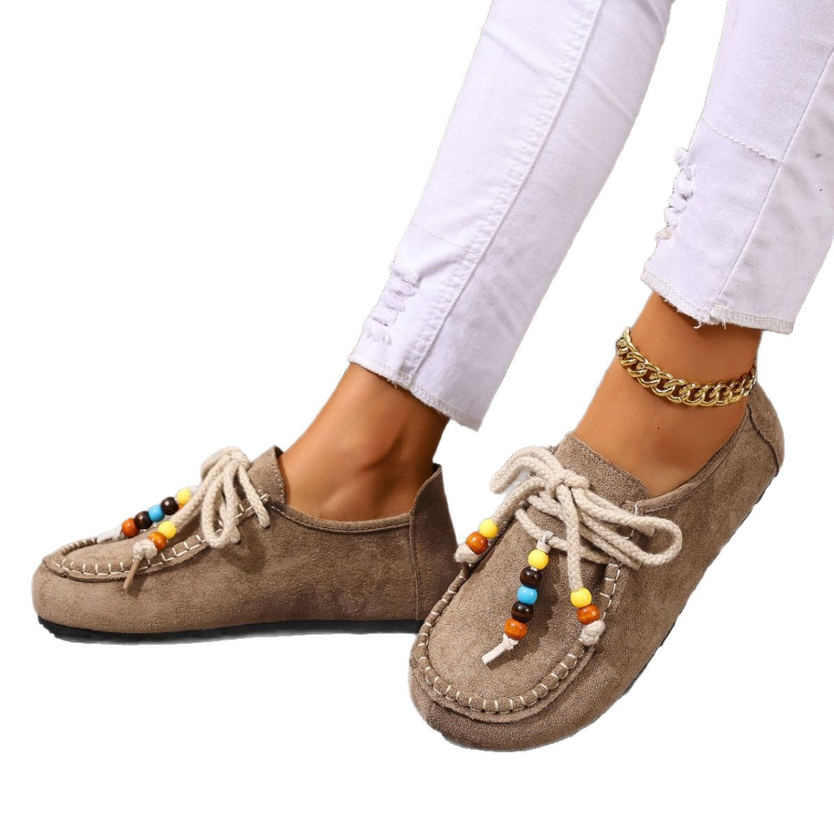Damen Mokassin-Schuhe mit farbenfrohen Charakterperlen und rutschfester Sohle R&B