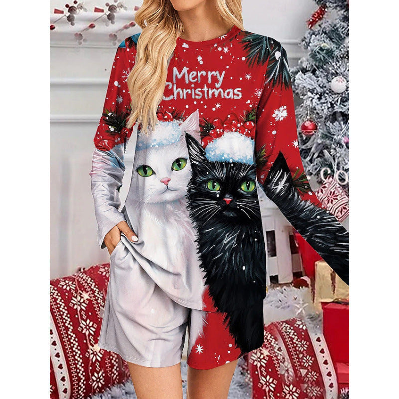 Damen Lustiges Weihnachts-Pyjama-Set mit Katzenmotiv R&B