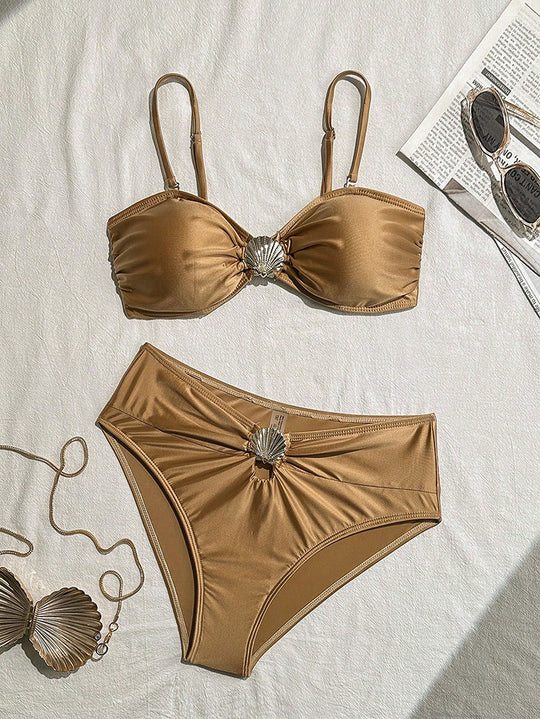 Damen Bandeau-Bikini mit schimmernder Muschel-Applikation R&B