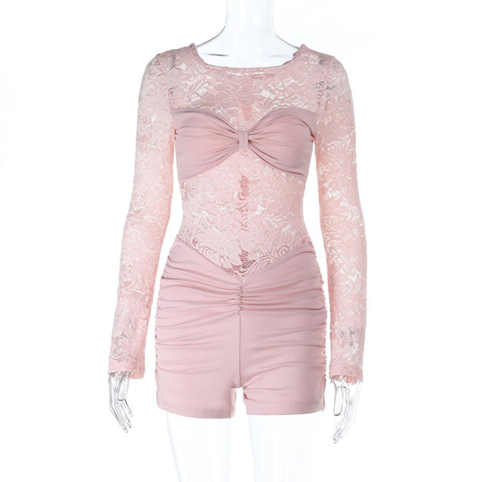 Damen Spitzenbodys mit eleganten Rüschendetails und langen Ärmeln R&B