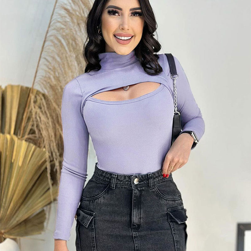 Damen Trendy Langarmoberteil mit Stehkragen und Cut-Out-Details R&B