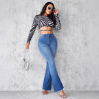 Damen Schlagjeans mit hohem Bund und modischen Fransen R&B