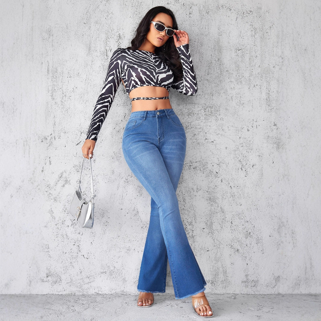 Damen Schlagjeans mit hohem Bund und modischen Fransen R&B