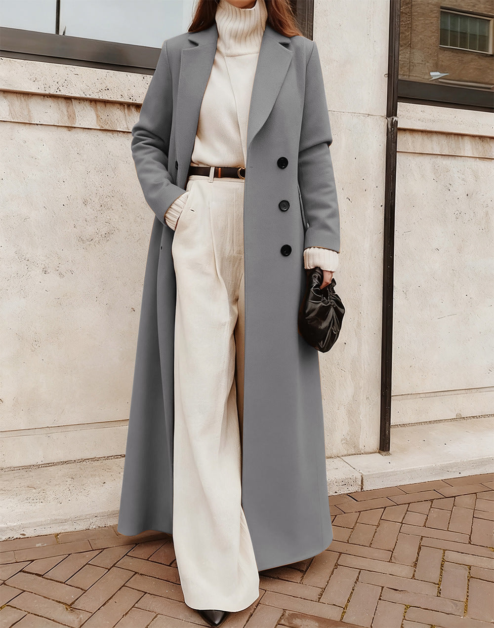 Damen Eleganter Wollmantel mit doppelter Knopfleiste und tiefen Taschen R&B