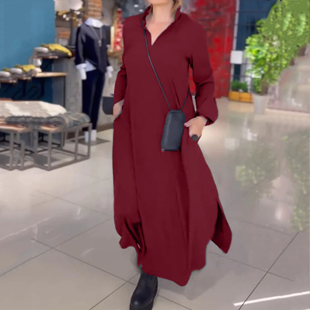 Damen Langarm-Kleid mit praktischen Einschubtaschen und elegantem Stehkragen R&B