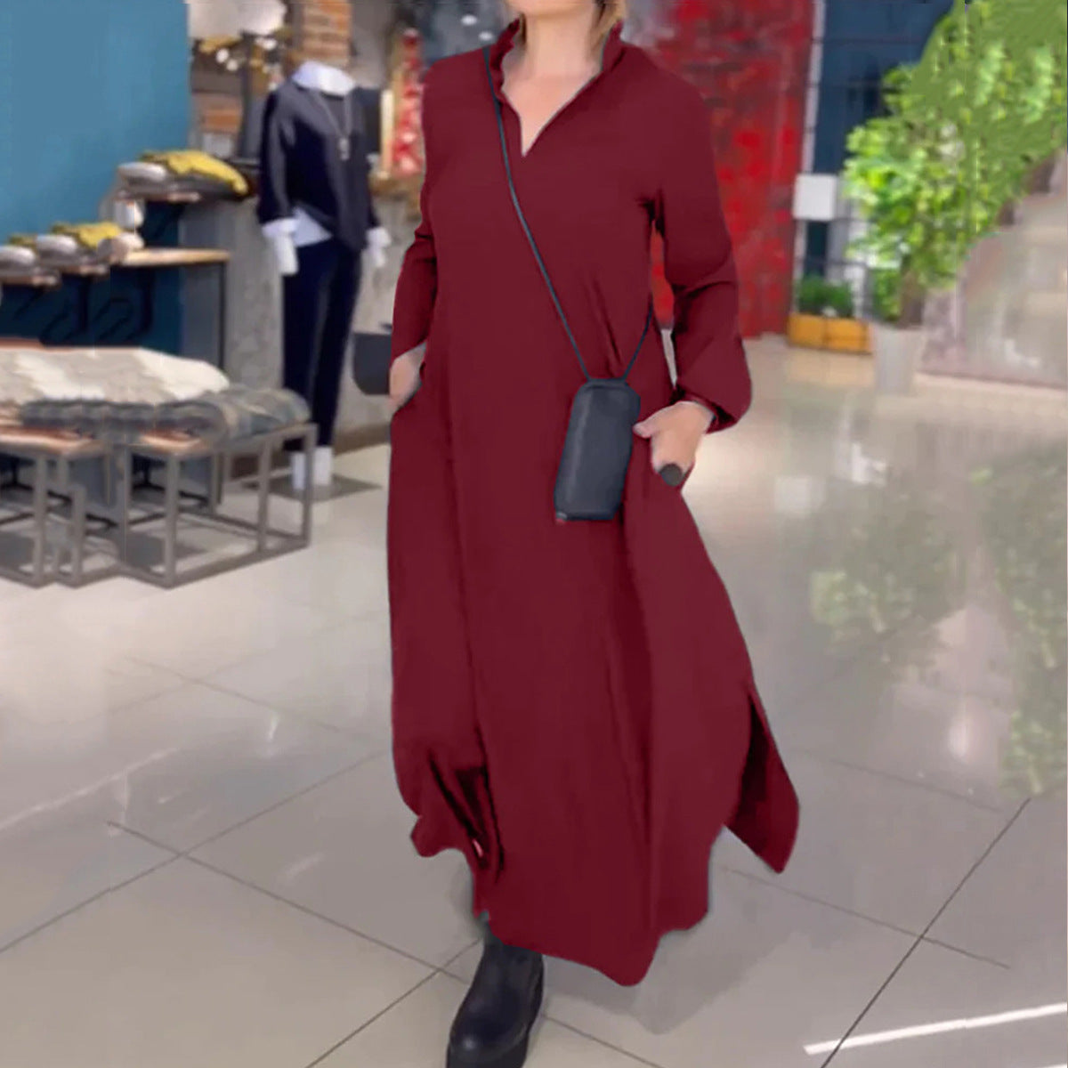 Damen Langarm-Kleid mit praktischen Einschubtaschen und elegantem Stehkragen R&B