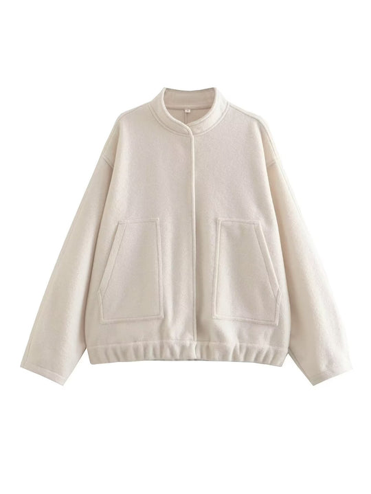 Damen modische Oversized-Jacke mit Stehkragen und seitlichen Taschen R&B