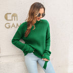 Damen Grobstrickpullover mit hochgeschlossenem Hals und dekorativen Knopfdetails R&B